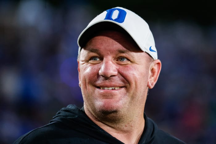 Sep 30, 2023; Durham, North Carolina, USA; Duke Blue Devils head coach Mike Elko smiles just before the game against Notre Dame Fighting Irish at Wallace Wade Stadium.